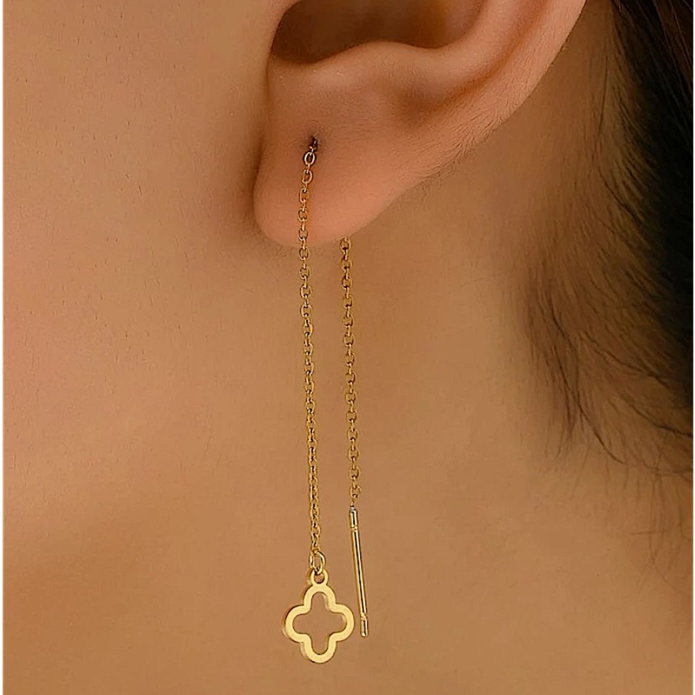 Gold Four Leaf Clover Threader Earrings Luxury Gold Plated